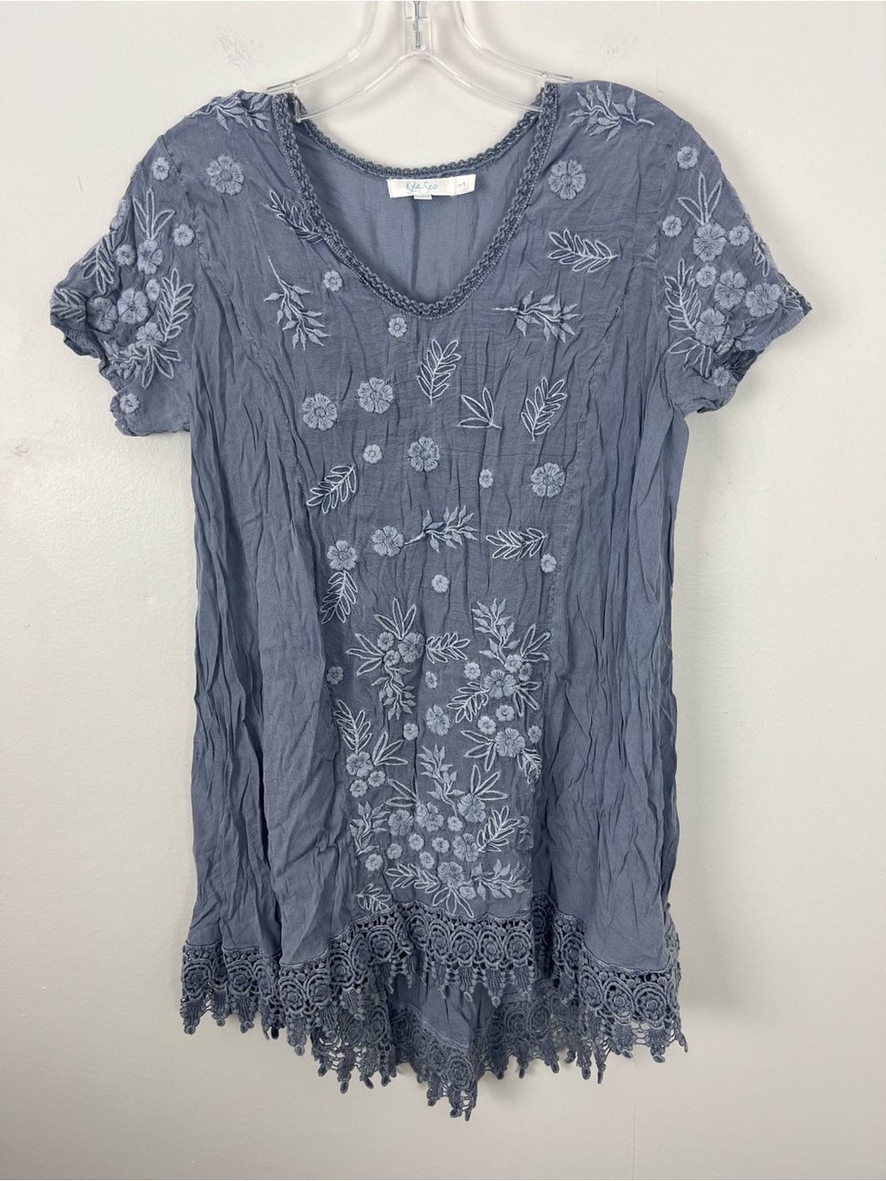 Kyla Seo Embroidered Lace Hem V Neck Women’s Top Dusty Blue